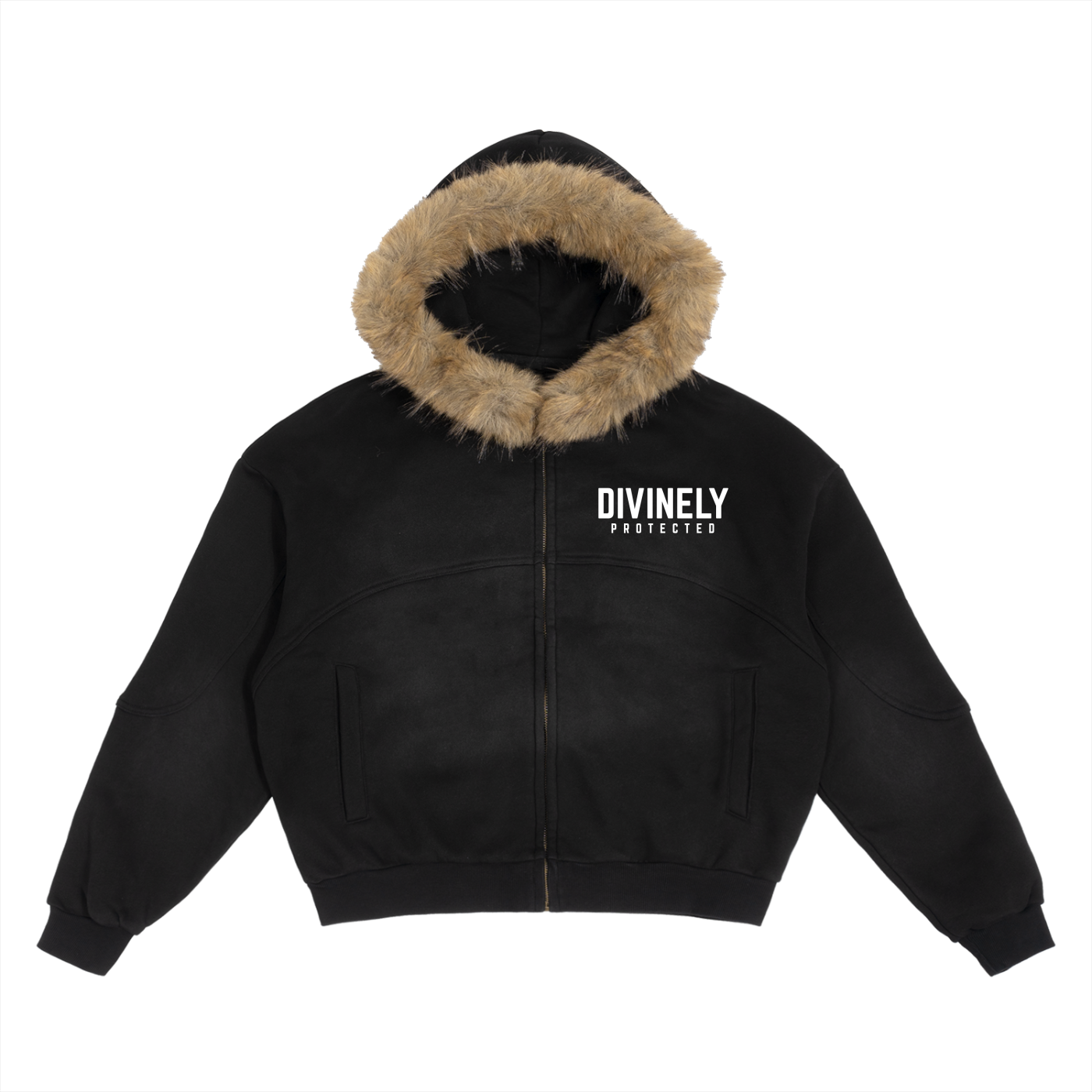 Divinely Protected Sun Fade Boxy Detachable Fur Hoodie